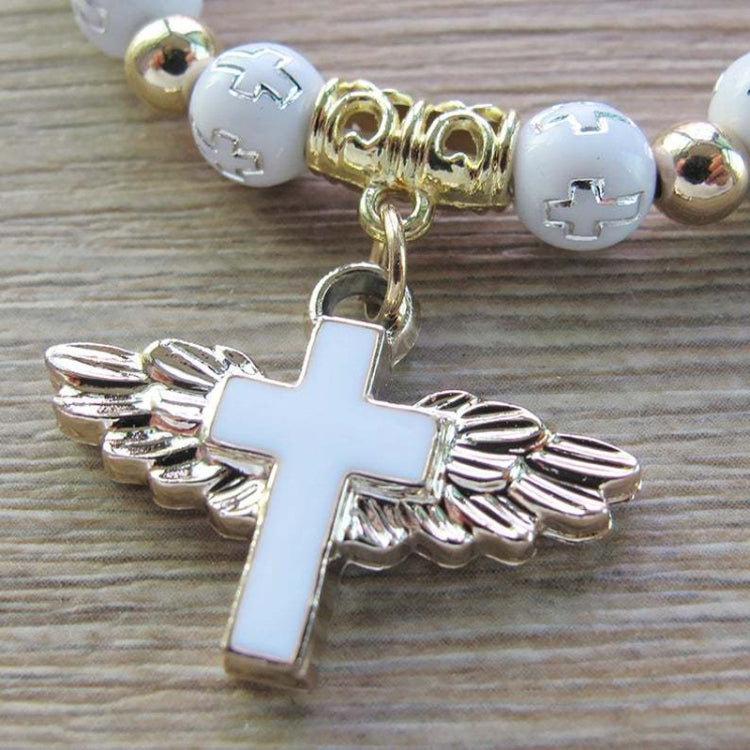 Gold Stamped Acrylic Angel Cross Bead Bracelet