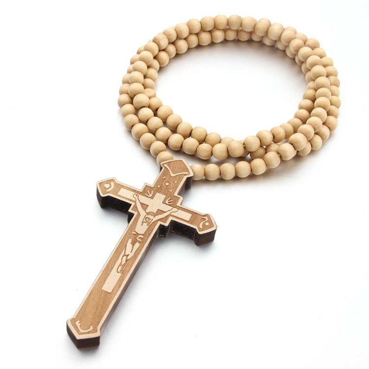 Cross Laser Engraved Wooden Bead Necklace