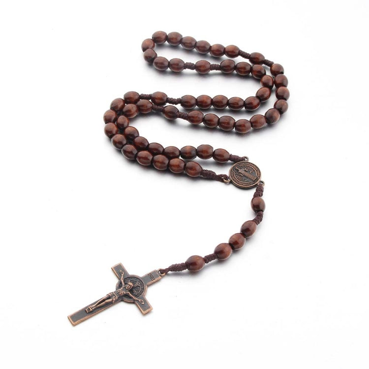 Wooden Beads Handmade Wire Vintage Cross Necklace, Dark Coffee