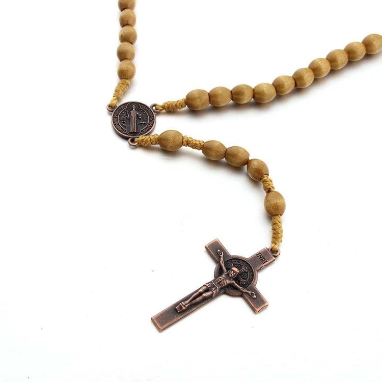 Wooden Beads Handmade Wire Vintage Cross Necklace, Dark Coffee
