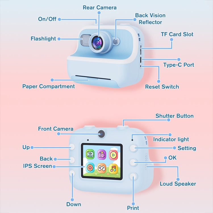 M8 2.4-Inch 1080P HD 2400W Pixel Dual-Camera Children Thermal Printing Camera, Pink, Blue, Purple, Pink+32GB, Blue+32GB, Purple+32GB
