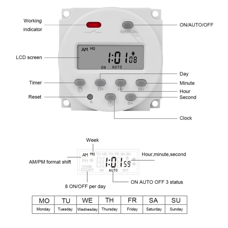 1 Second Interval Digital LCD Timer Switch 7 Days Weekly Programmable Time Relay