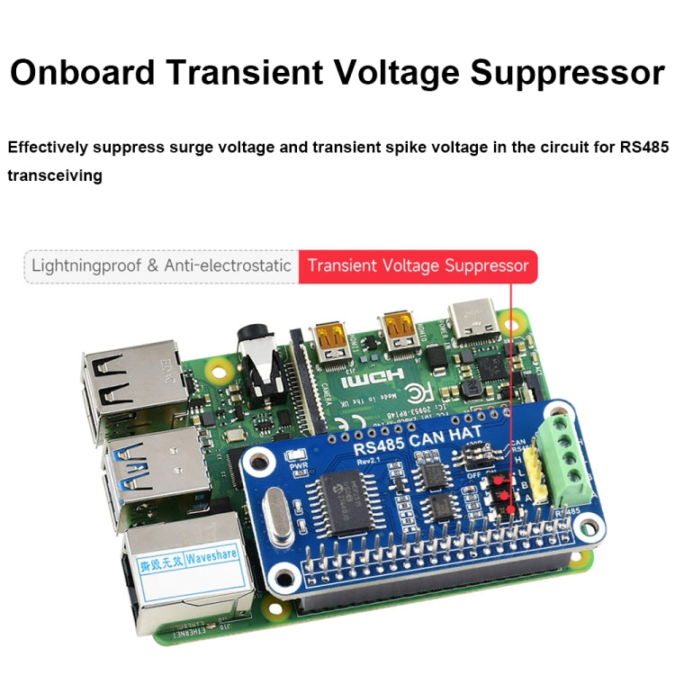 Waveshare 14882 For Raspberry Pi RS485 SPI CAN HAT Bus Module, 14882