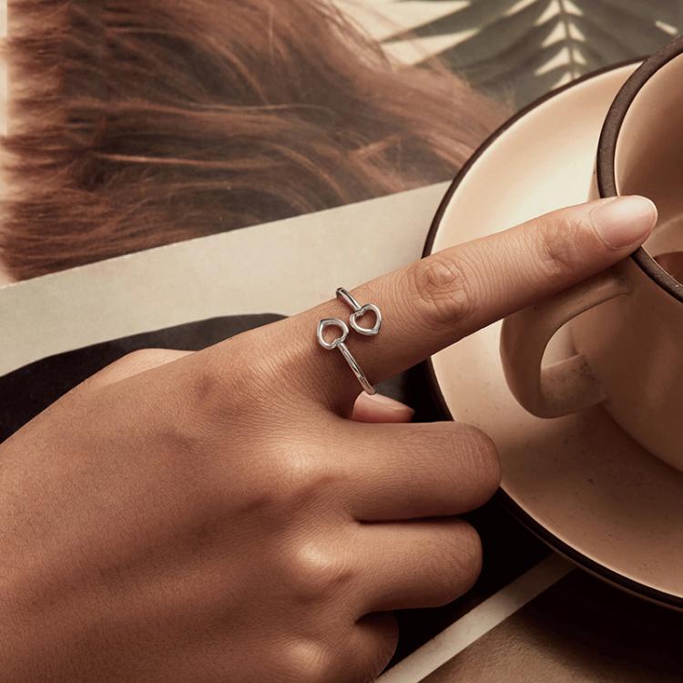 S925 Sterling Silver Oxidized Heart Adjustable Open Ring