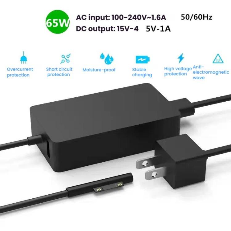 For Microsoft Surface Laptop 65W 15V 4A Fast Charger With 5V 1A  USB-A Port AC Adapter, US Plug, EU Plug, UK Plug, AU Plug