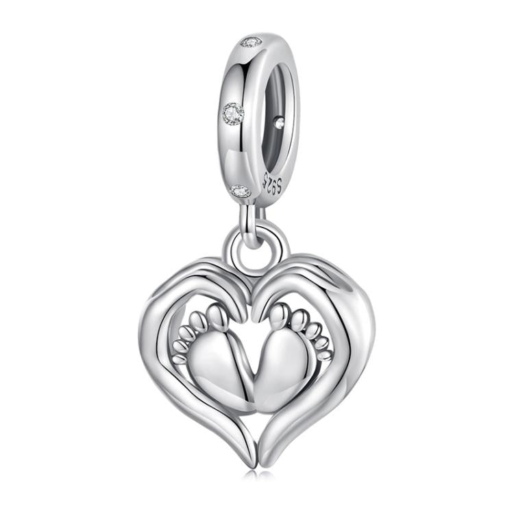 S925 Sterling Silver Heart Footprint Pendant Mother Day Beads