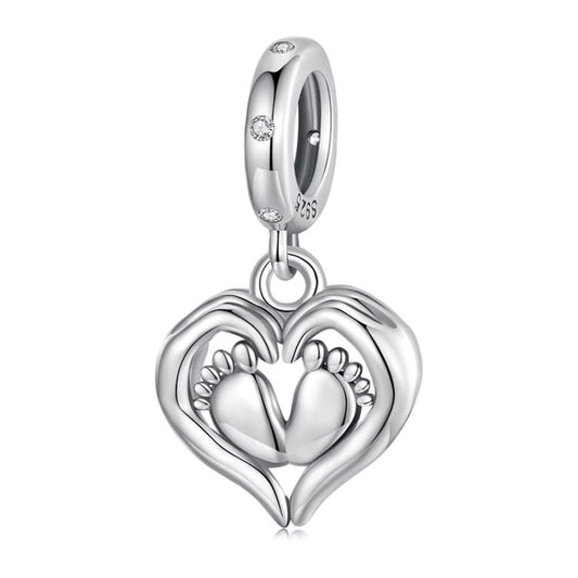 S925 Sterling Silver Heart Footprint Pendant Mother Day Beads