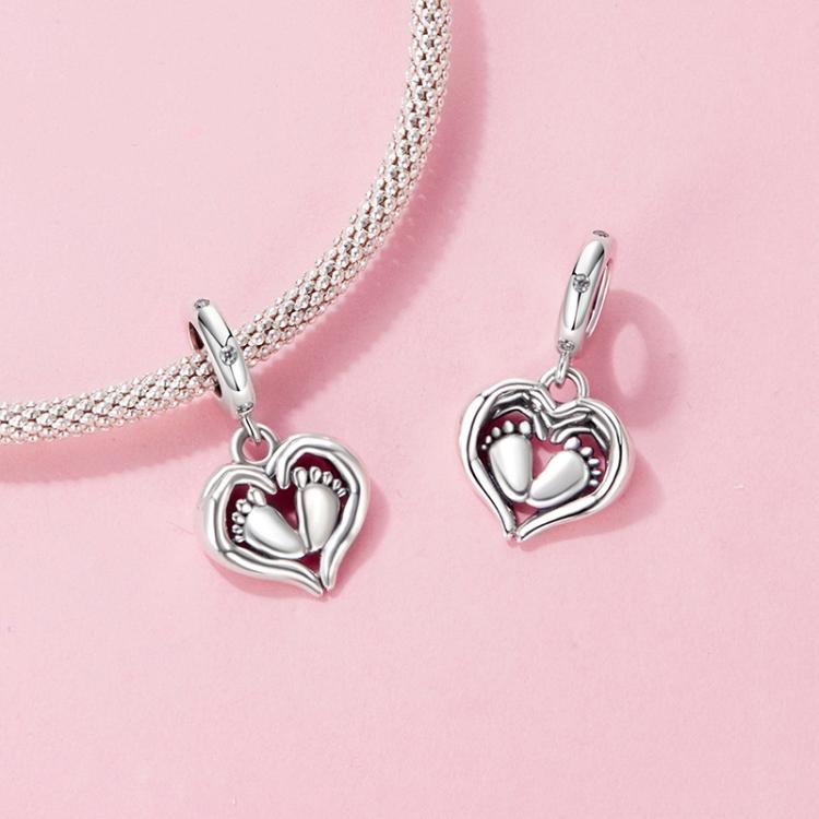 S925 Sterling Silver Heart Footprint Pendant Mother Day Beads