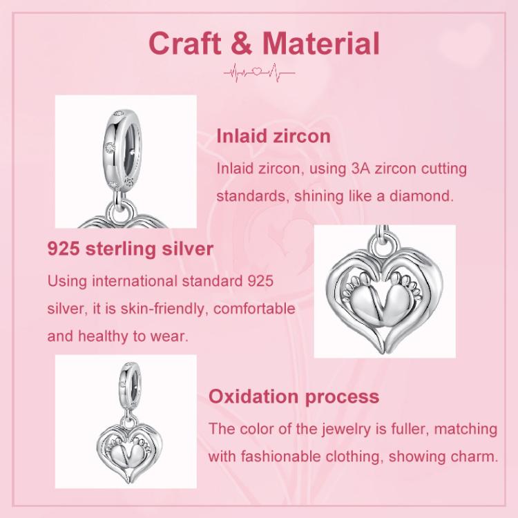 S925 Sterling Silver Heart Footprint Pendant Mother Day Beads