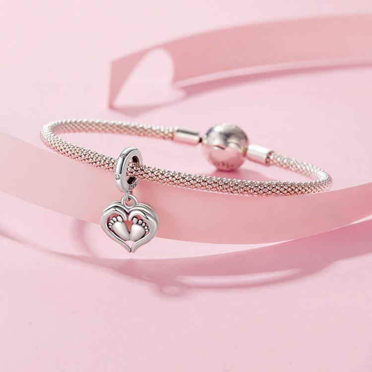 S925 Sterling Silver Heart Footprint Pendant Mother Day Beads