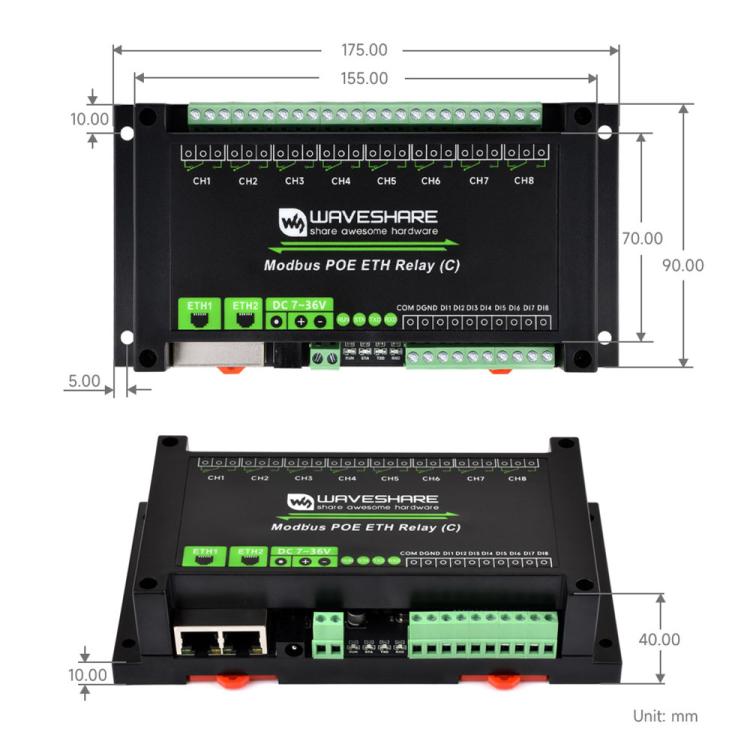 Waveshare Industrial Dual Ethernet Ports 8-ch Relay Module(C), PoE Power Supply
