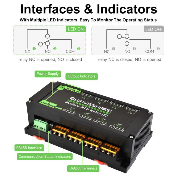 Waveshare Modbus RTU Protocol Rail-Mounted Case 8-Way RS485 30A High-Current Relay Module