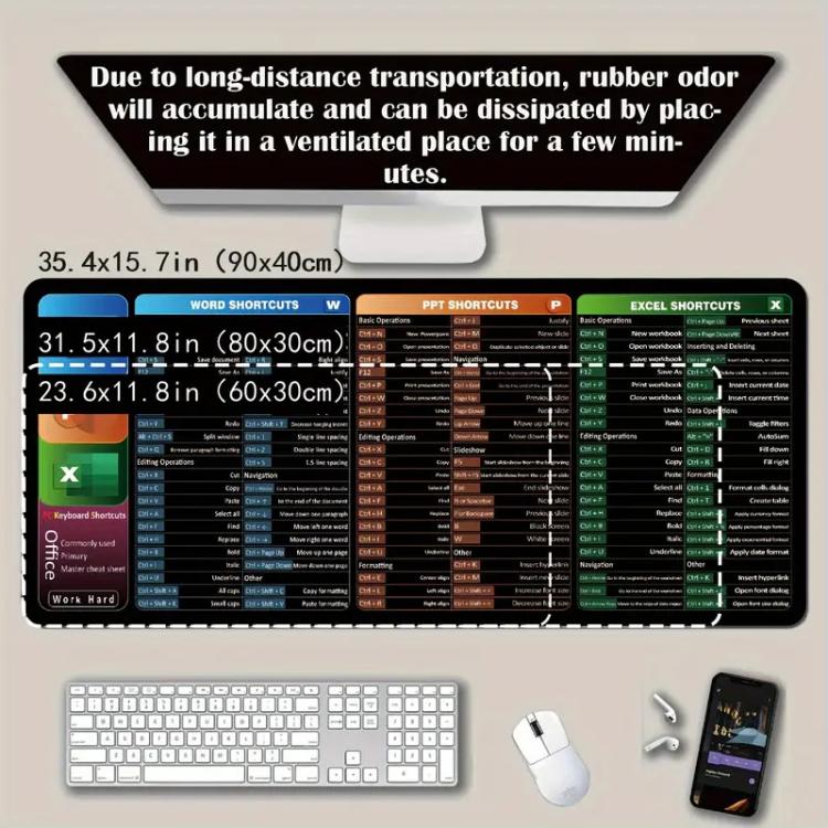 Keyboard Shortcut Desk Mat Mouse Pad Non-Slip Office Desk Pad With Computer Commands, 300x600x2mm, 300x600x3mm, 300x700x2mm, 300x700x3mm, 300x800x2mm, 300x800x3mm, 400x800x2mm, 400x800x3mm, 400x900x2mm, 400x900x3mm