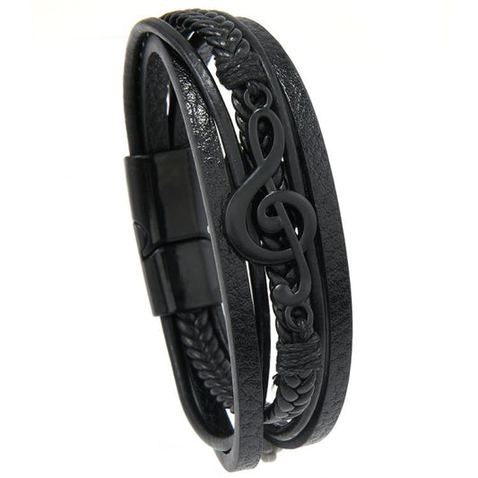 Men Braided Leather Bracelet with Musical Note Design, Magnetic Clasp Multi-Layer Wristband for Casual & Style