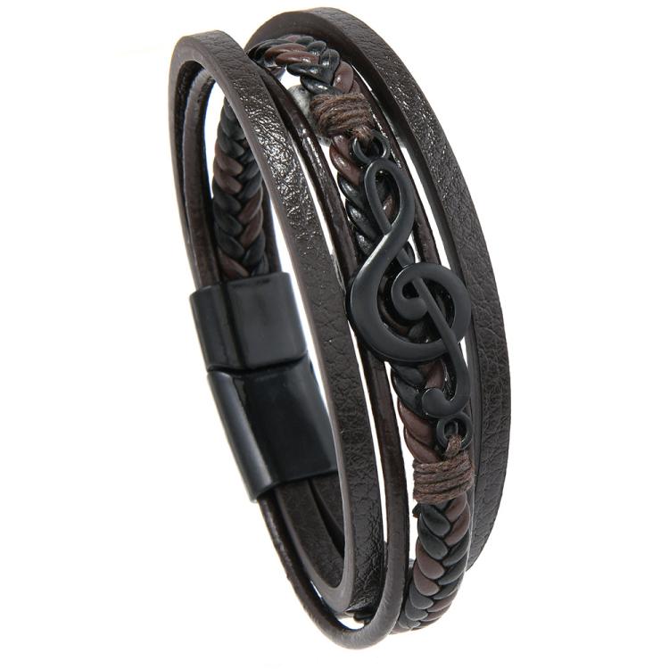 Men Braided Leather Bracelet with Musical Note Design, Magnetic Clasp Multi-Layer Wristband for Casual & Style
