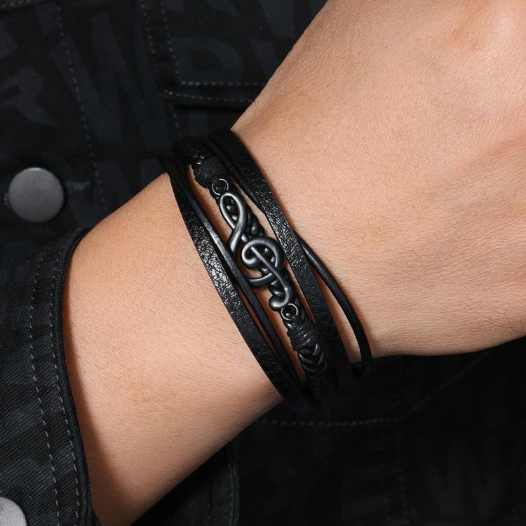 Men Braided Leather Bracelet with Musical Note Design, Magnetic Clasp Multi-Layer Wristband for Casual & Style