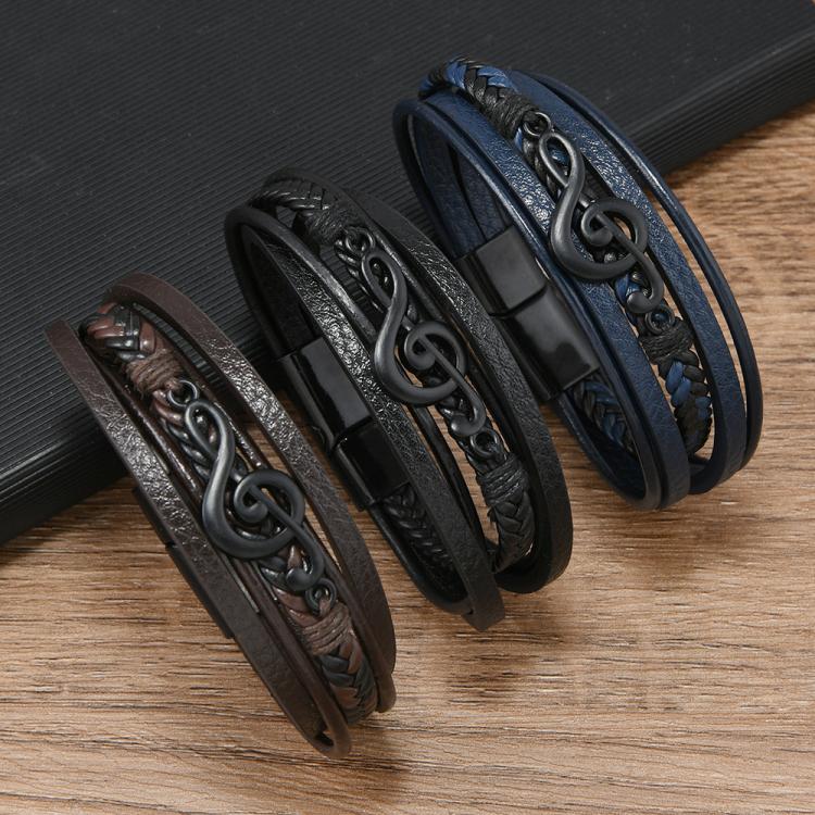 Men Braided Leather Bracelet with Musical Note Design, Magnetic Clasp Multi-Layer Wristband for Casual & Style