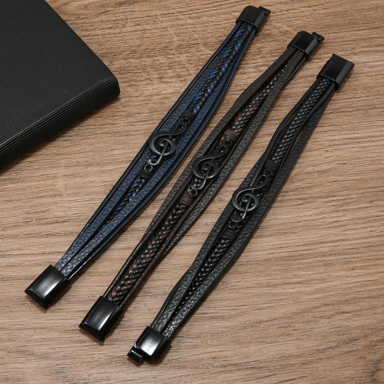 Men Braided Leather Bracelet with Musical Note Design, Magnetic Clasp Multi-Layer Wristband for Casual & Style