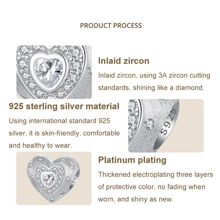 S925 Sterling Silver Platinum-Plated Shining Heart Beads