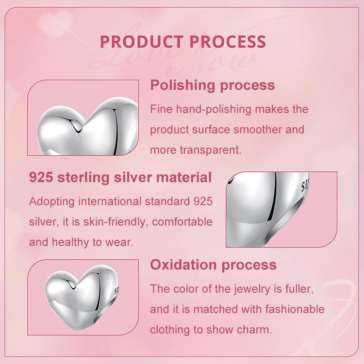 S925 Sterling Silver Glossy Heart Bracelet Beads