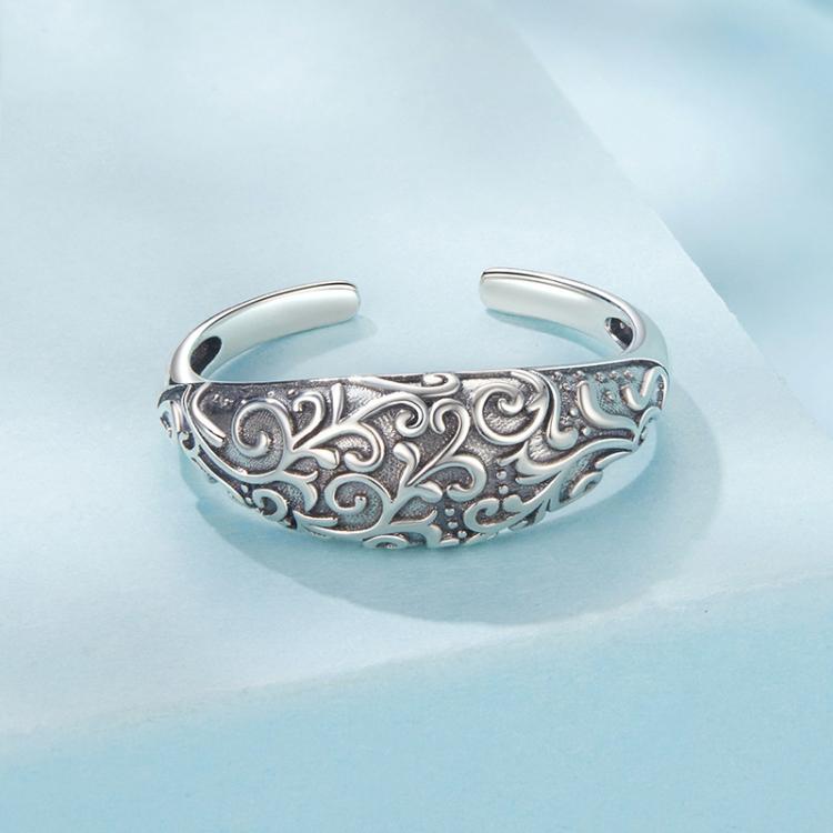 S925 Sterling Silver Oxidized Retro Pattern Open Adjustable Ring