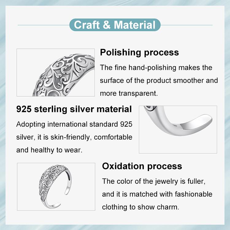 S925 Sterling Silver Oxidized Retro Pattern Open Adjustable Ring