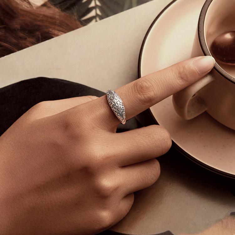 S925 Sterling Silver Oxidized Retro Pattern Open Adjustable Ring