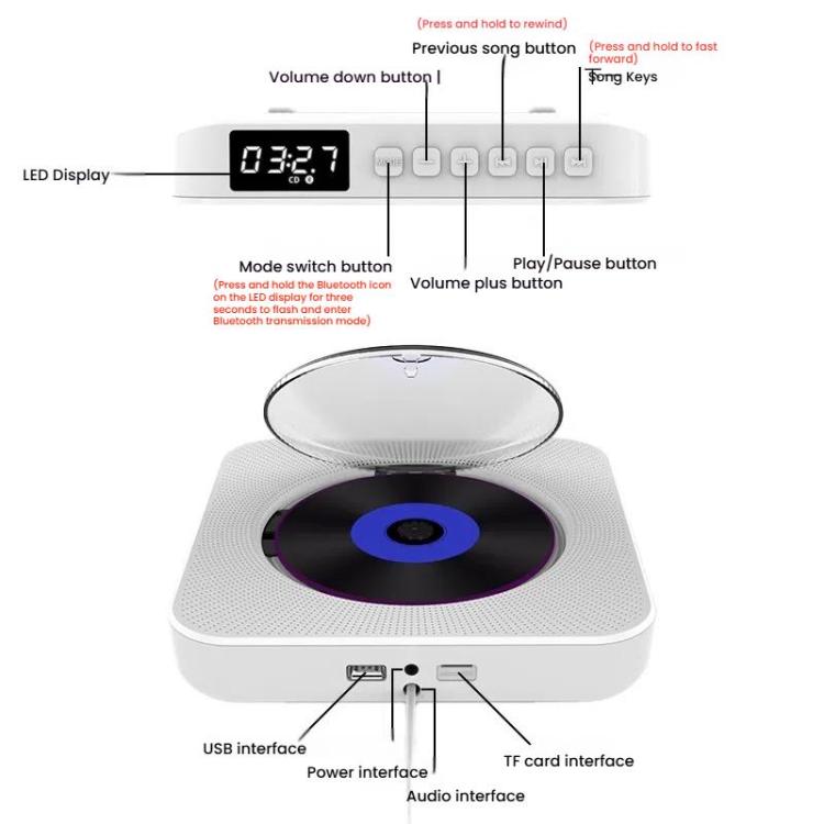 Kecag KC-807 Wall-mounted Home Retro Bluetooth CD Player, EU Plug, US Plug, UK Plug, AU Plug
