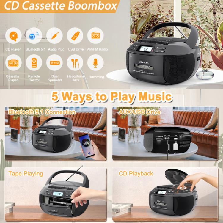 X2A Portable Cassette Player Stereo Bluetooth AM/FM/MP3 Music CD Player Tape Recorder, US Plug, EU Plug, UK Plug, AU Plug