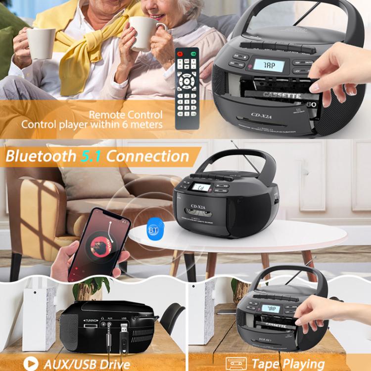 X2A Portable Cassette Player Stereo Bluetooth AM/FM/MP3 Music CD Player Tape Recorder, US Plug, EU Plug, UK Plug, AU Plug