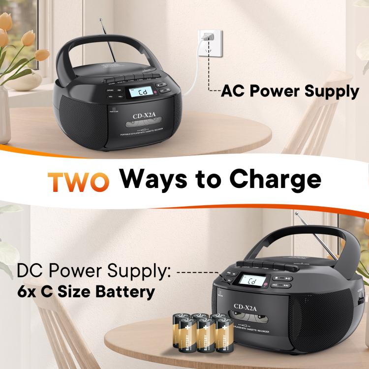 X2A Portable Cassette Player Stereo Bluetooth AM/FM/MP3 Music CD Player Tape Recorder, US Plug, EU Plug, UK Plug, AU Plug