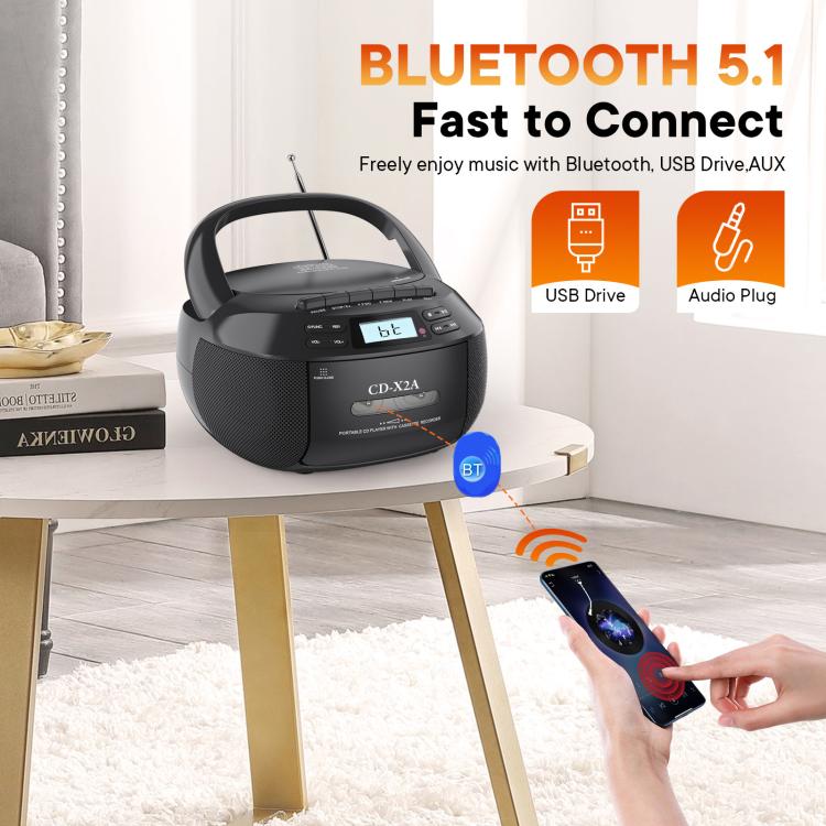 X2A Portable Cassette Player Stereo Bluetooth AM/FM/MP3 Music CD Player Tape Recorder, US Plug, EU Plug, UK Plug, AU Plug