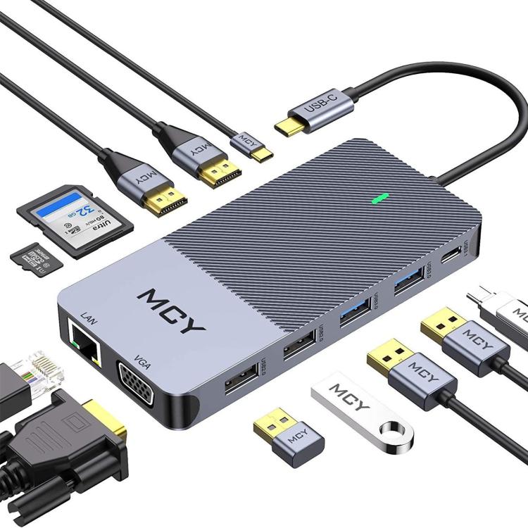 MCY 12-In-1 USB-C Hub With Triple Monitor Support (1000Mbps Lan+VGA+USB3.0/USB2.0+SD/TF+2 HDMI 4K 30Hz+85W PD）