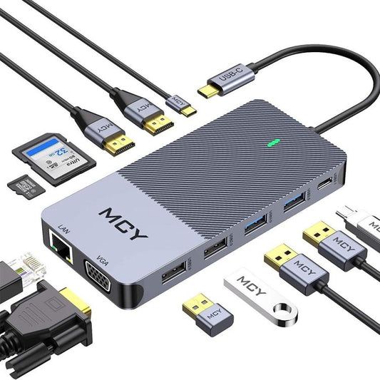 MCY 12-In-1 USB-C Hub With Triple Monitor Support (1000Mbps Lan+VGA+USB3.0/USB2.0+SD/TF+2 HDMI 4K 30Hz+85W PD）