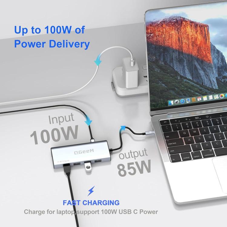 QGeeM 9 In 1 USB-C/Type-C Docking Station Hub RJ45+4K 30Hz HDMI+PD 85W+USB2.0/USB3.0+SD/TF