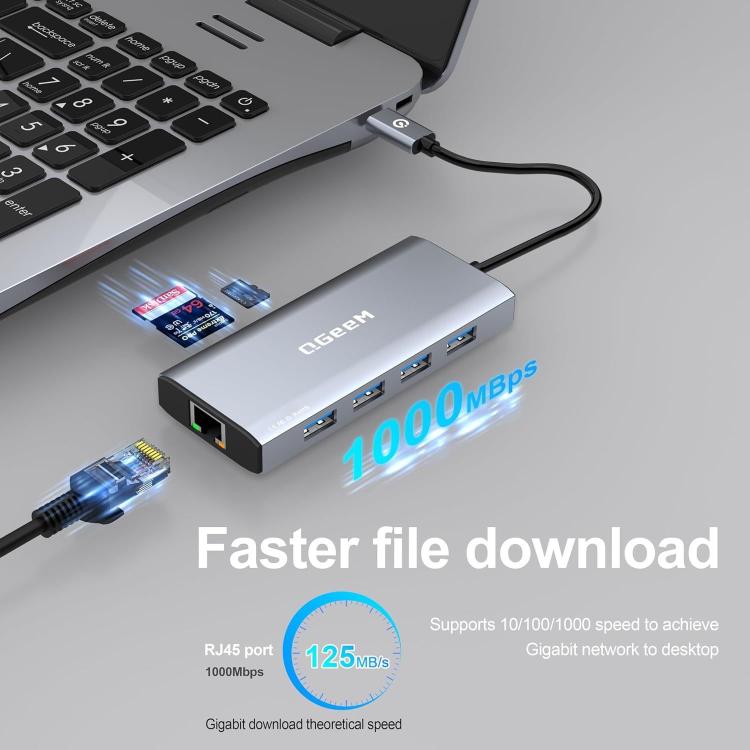 QGeeM 9 In 1 USB-C/Type-C Docking Station Hub RJ45+4K 30Hz HDMI+PD 85W+USB2.0/USB3.0+SD/TF
