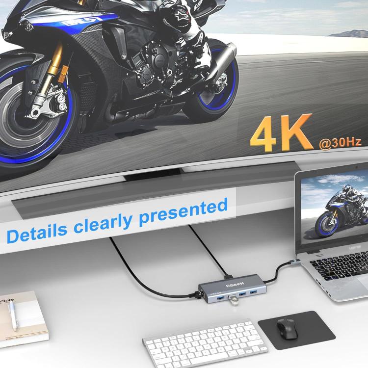 QGeeM 9 In 1 USB-C/Type-C Docking Station Hub RJ45+4K 30Hz HDMI+PD 85W+USB2.0/USB3.0+SD/TF