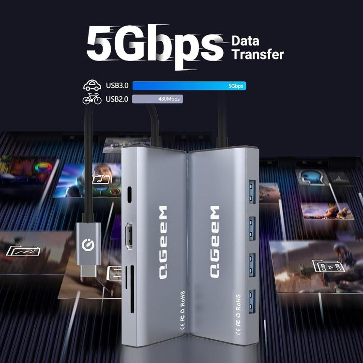 QGeeM 9 In 1 USB-C/Type-C Docking Station Hub RJ45+4K 30Hz HDMI+PD 85W+USB2.0/USB3.0+SD/TF