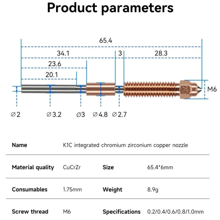 All-in-One Chrome Zirconium Copper Nozzle for Creality Ender-3 V3/K1C/K1 Max 3D Printers, 1.75/0.2mm, 1.75/0.4mm, 1.75/0.6mm, 1.75/0.8mm, 1.75/1.0mm