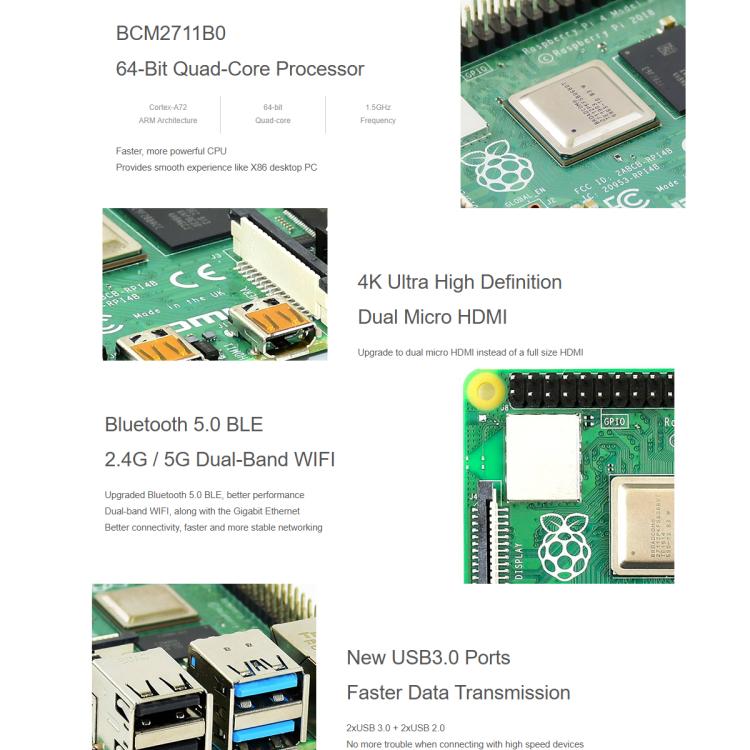 BCM2711B0 64-Bit Quad-Core 4K Dual Mini HDMI For DIY, IoT, Python Development, Waveshare For Raspberry Pi 4 Model B 2GB, Waveshare For Raspberry Pi 4 Model 4GB, Waveshare For Raspberry Pi 4 Model B 8GB