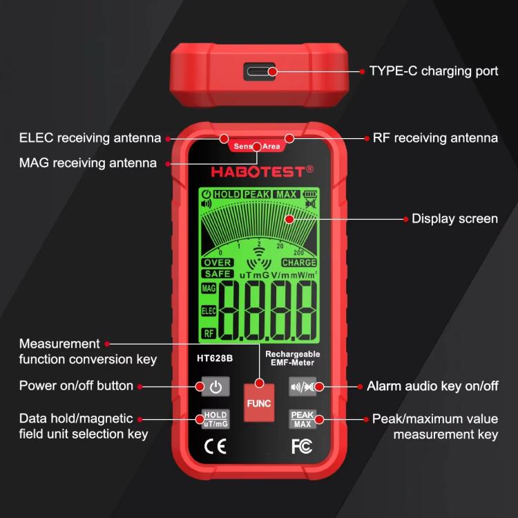 HABOTEST HT628B Multi-Field EMF Meter Rechargeable Electromagnetic Radiation Tester, HT628B