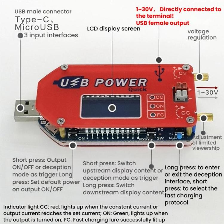 USB 15W Adjustable Power Supply Module LCD Display Mobile Boost Cable, DP3A