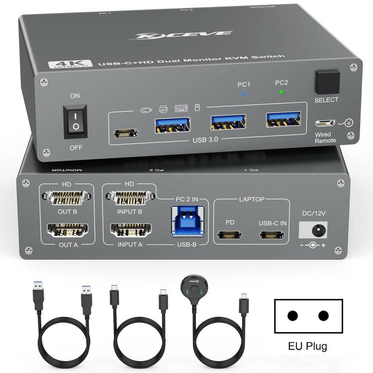 KVEVE KC-KVM202CH USB 3.0 Dual Monitor 4K 60Hz KVM Switch