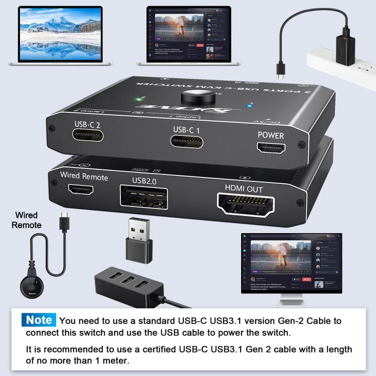 KCEVE KC-C201H 2 Type-C Input 1 Output KVM Switch Support 4K 60Hz
