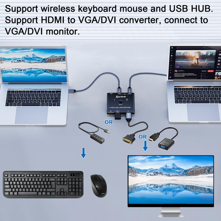 KCEVE KC-C201H 2 Type-C Input 1 Output KVM Switch Support 4K 60Hz