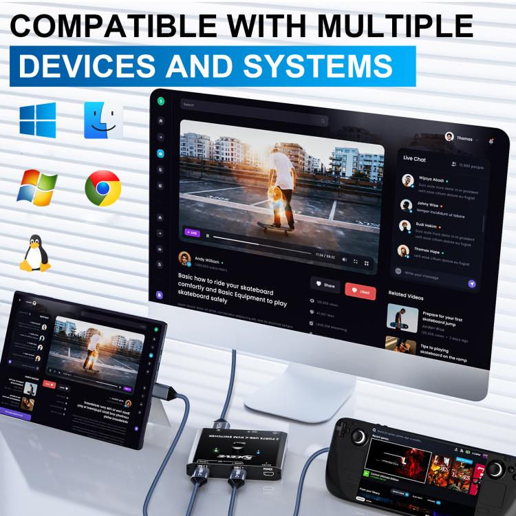 KCEVE KC-C201H 2 Type-C Input 1 Output KVM Switch Support 4K 60Hz