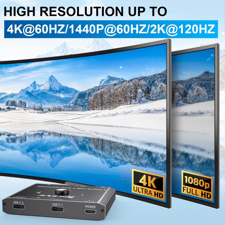 KCEVE KC-C201H 2 Type-C Input 1 Output KVM Switch Support 4K 60Hz