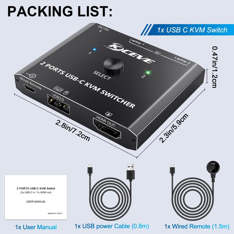 KCEVE KC-C201H 2 Type-C Input 1 Output KVM Switch Support 4K 60Hz