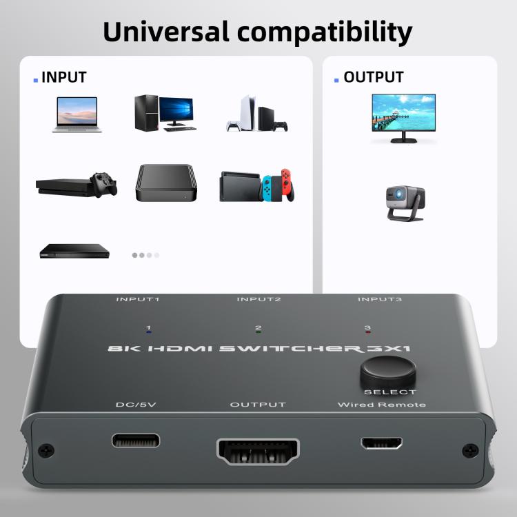 3 In 1 Out HDMI Switch 8K 60Hz / 4K 120Hz Computer HD Conversion