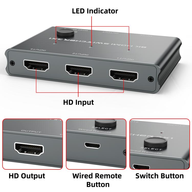 3 In 1 Out HDMI Switch 8K 60Hz / 4K 120Hz Computer HD Conversion